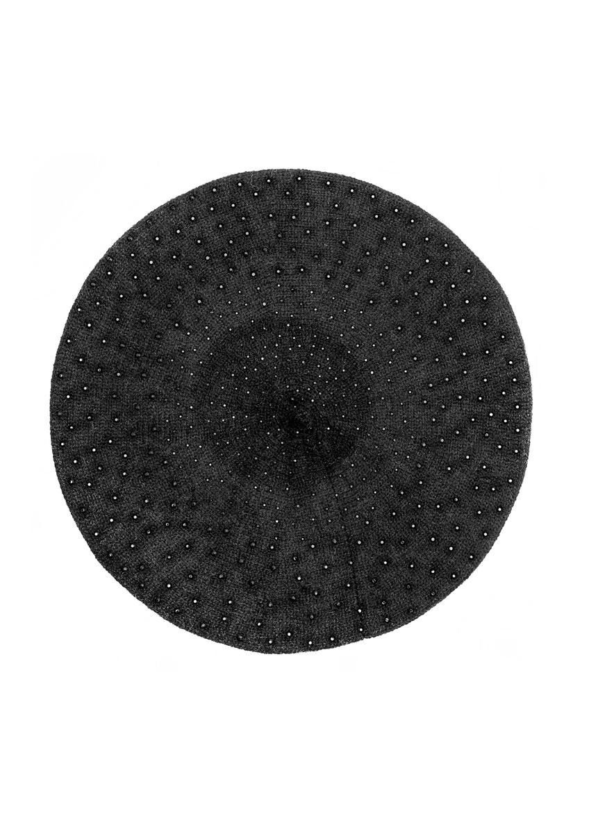 Czarny beret damski CZADT-0167A-99(Z25), widok produktu od góry na białym tle.