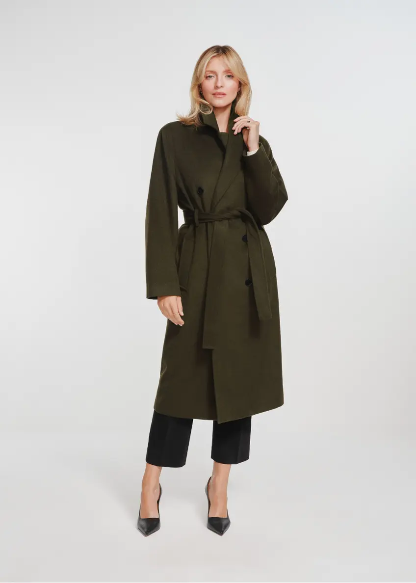 Long olive women's wool coat PLADT-0058-57(Z24)-01