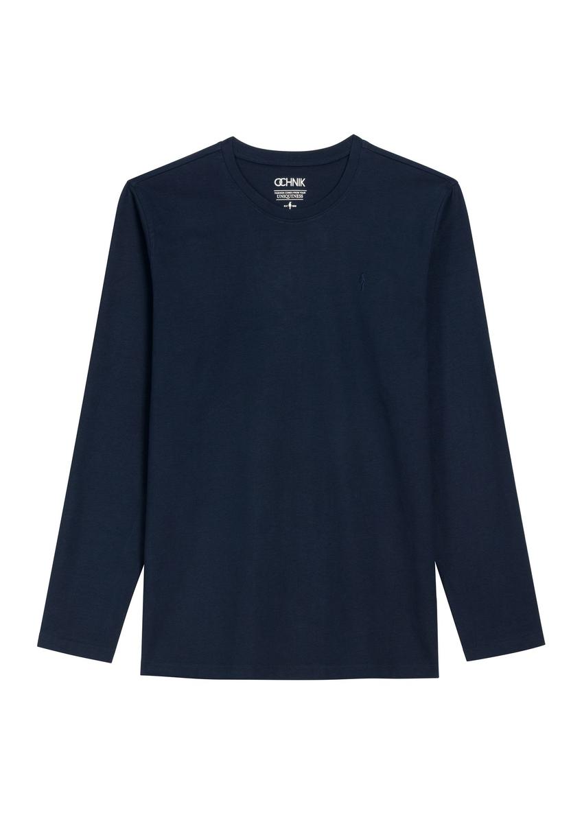 Ciemnogranatowy bawełniany longsleeve męski LSLMT-0013-7E(Z26) - widok produktu z przodu, na białym tle. 