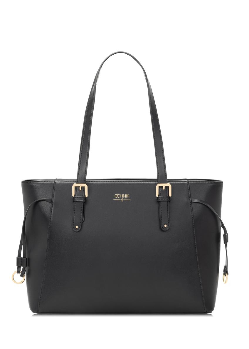 Czarna torebka shopper TOREC-1029-99(W26), widok produktu z przodu na białym tle.