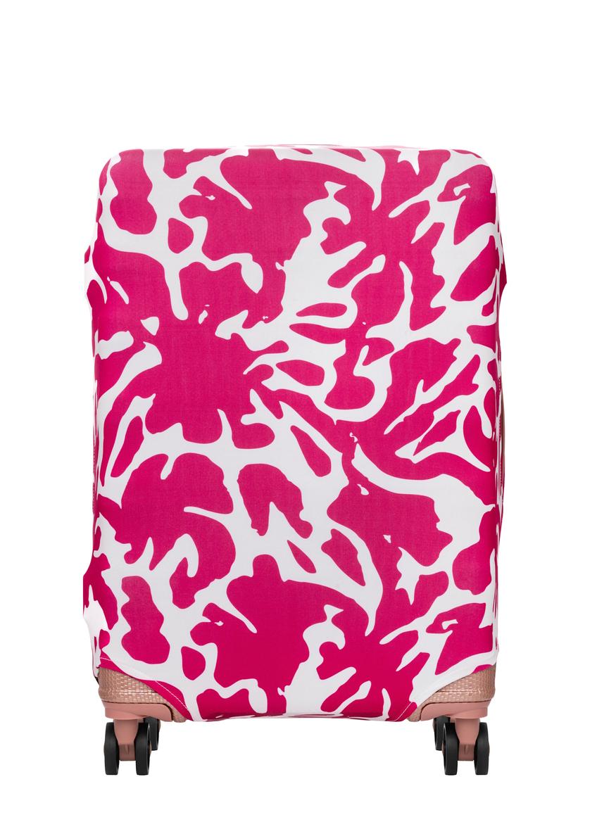 Różowy pokrowiec na średnią walizkę AW-013-0007-5P-M(W26), widok produktu z przodu na walizce.