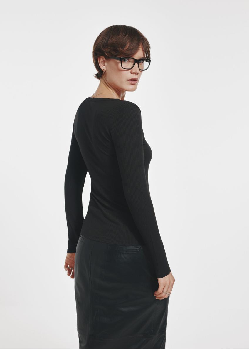 Black ribbed longsleeve blouse for women LSLDT-0044-99(Z24)