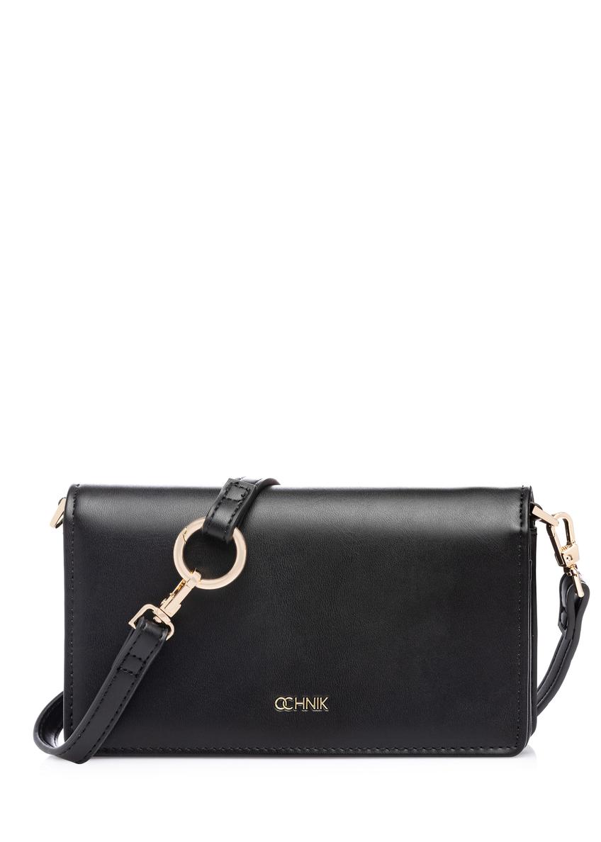 Czarny portfel damski z paskiem POREC-0431-99(W26), widok produktu z przodu na białym tle.