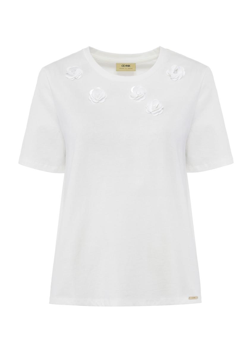 Biały t-shirt bawełniany z aplikacjami TSHDT-0139-12(W25)