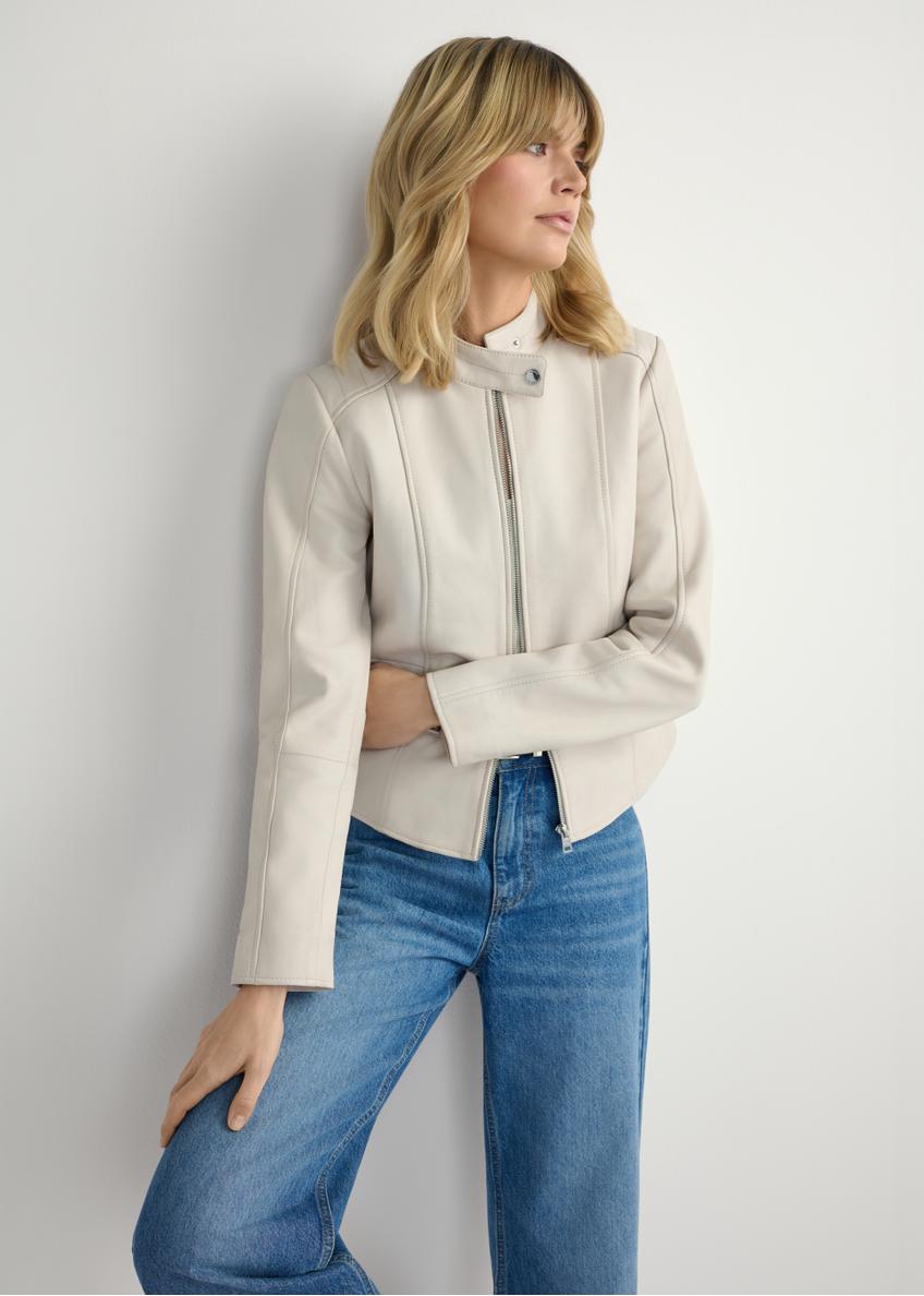 Skórzana krótka kurtka damska w kolorze beżu KURDS-0603-0B(W26)