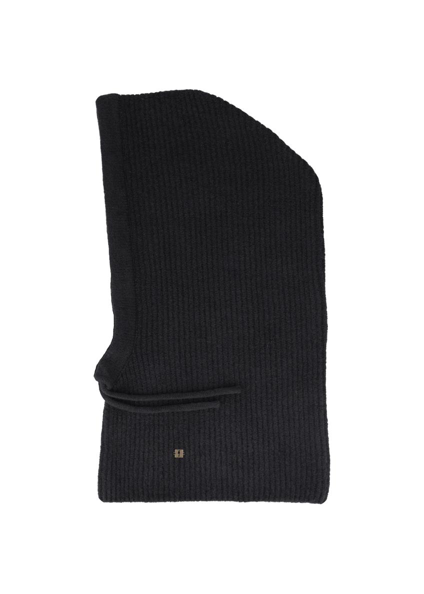 Czarny komin damski z kapturem SZADT-0215-99(Z26) - widok produktu z góry, na białym tle. 