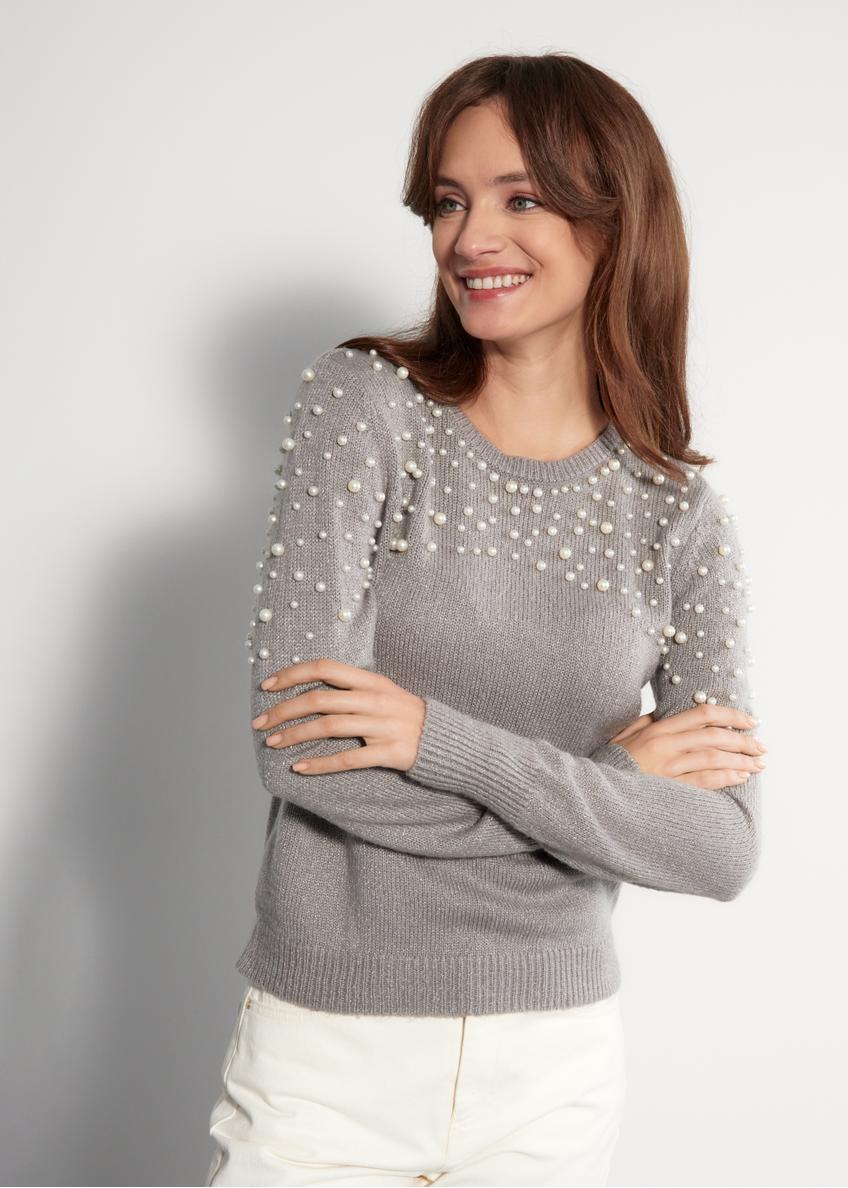Szary sweter damski damski z perełkami SWEDT-0175-91(W23)