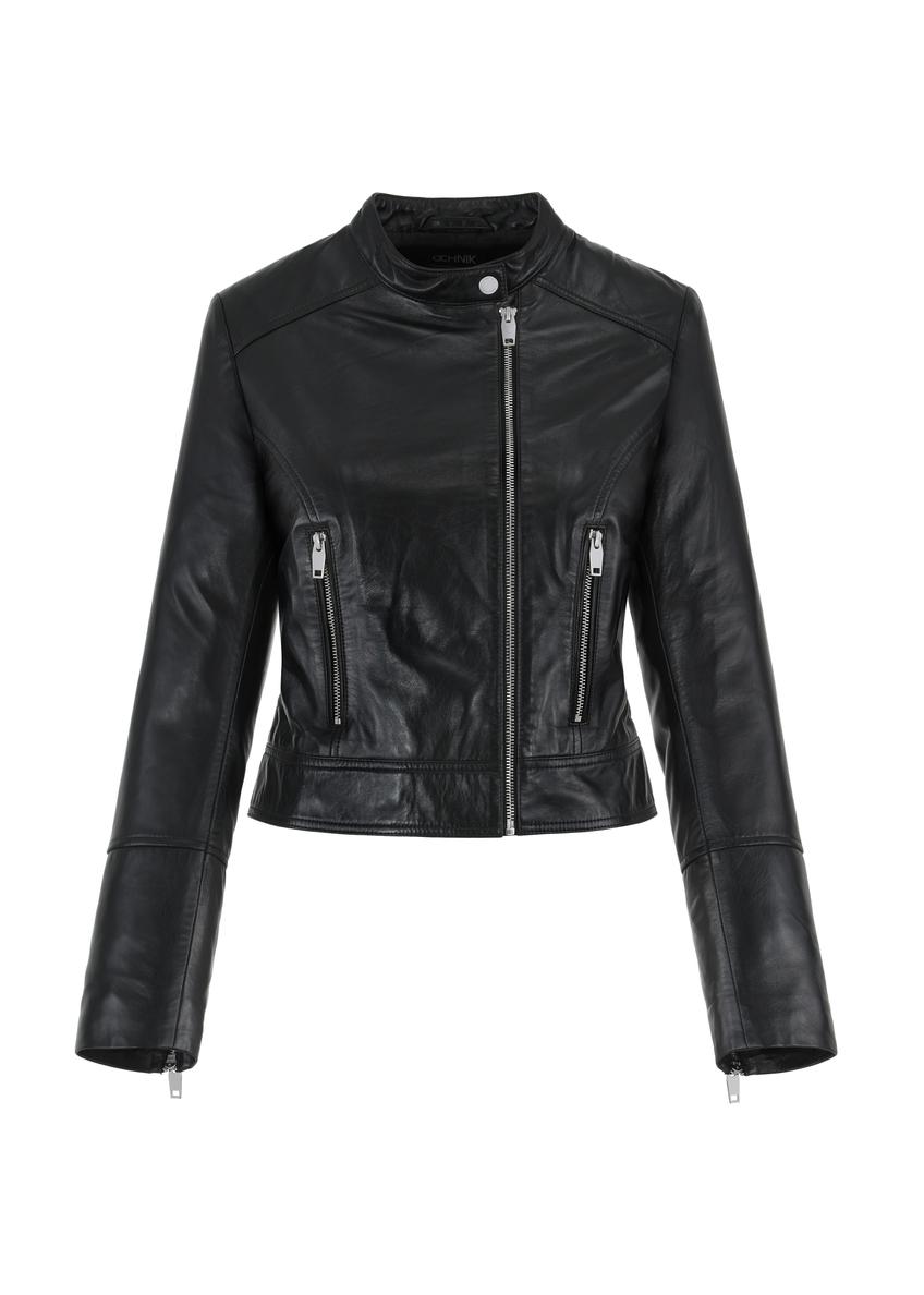 Krótka czarna skórzana kurtka damska KURDS-0305-5491(KS)-04