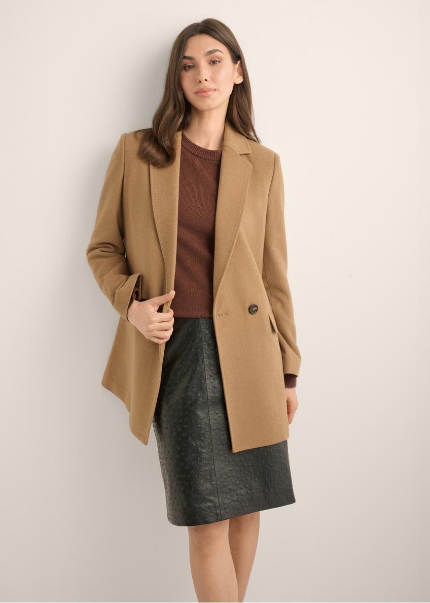 Wełniany płaszcz damski w kolorze camelu PLADT-0071-1K(Z26)