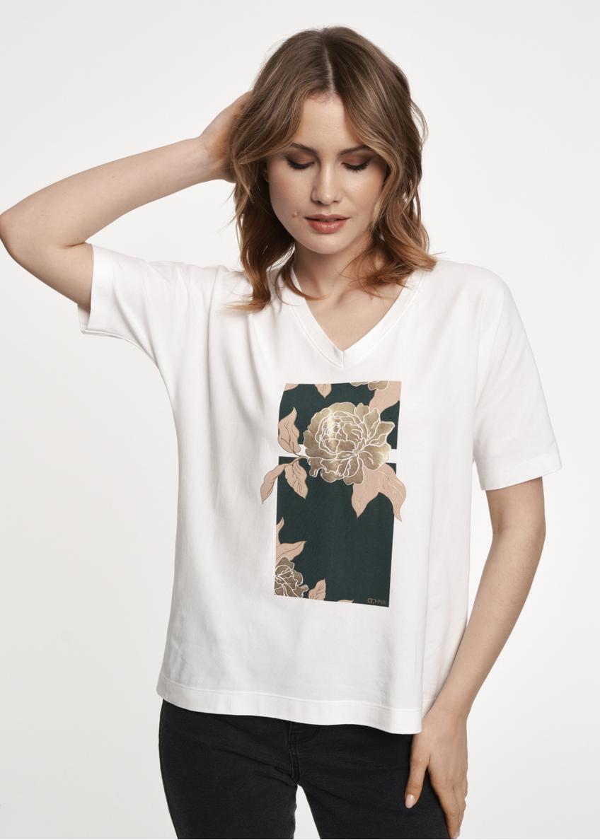 Kremowy T-shirt damski z printem TSHDT-0115-12(Z23)