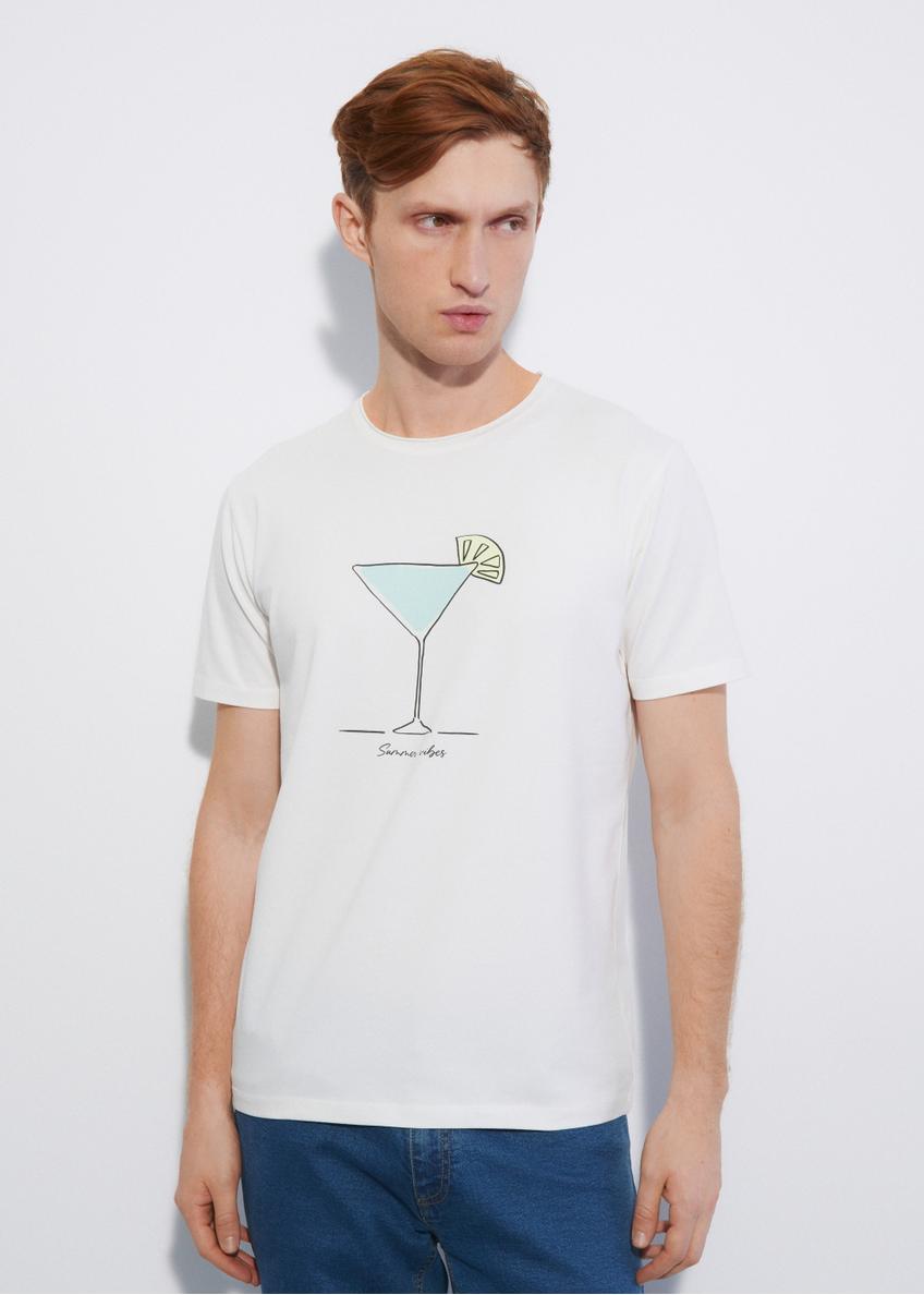Kremowy T-shirt męski z printem TSHMT-0086-11(W23)