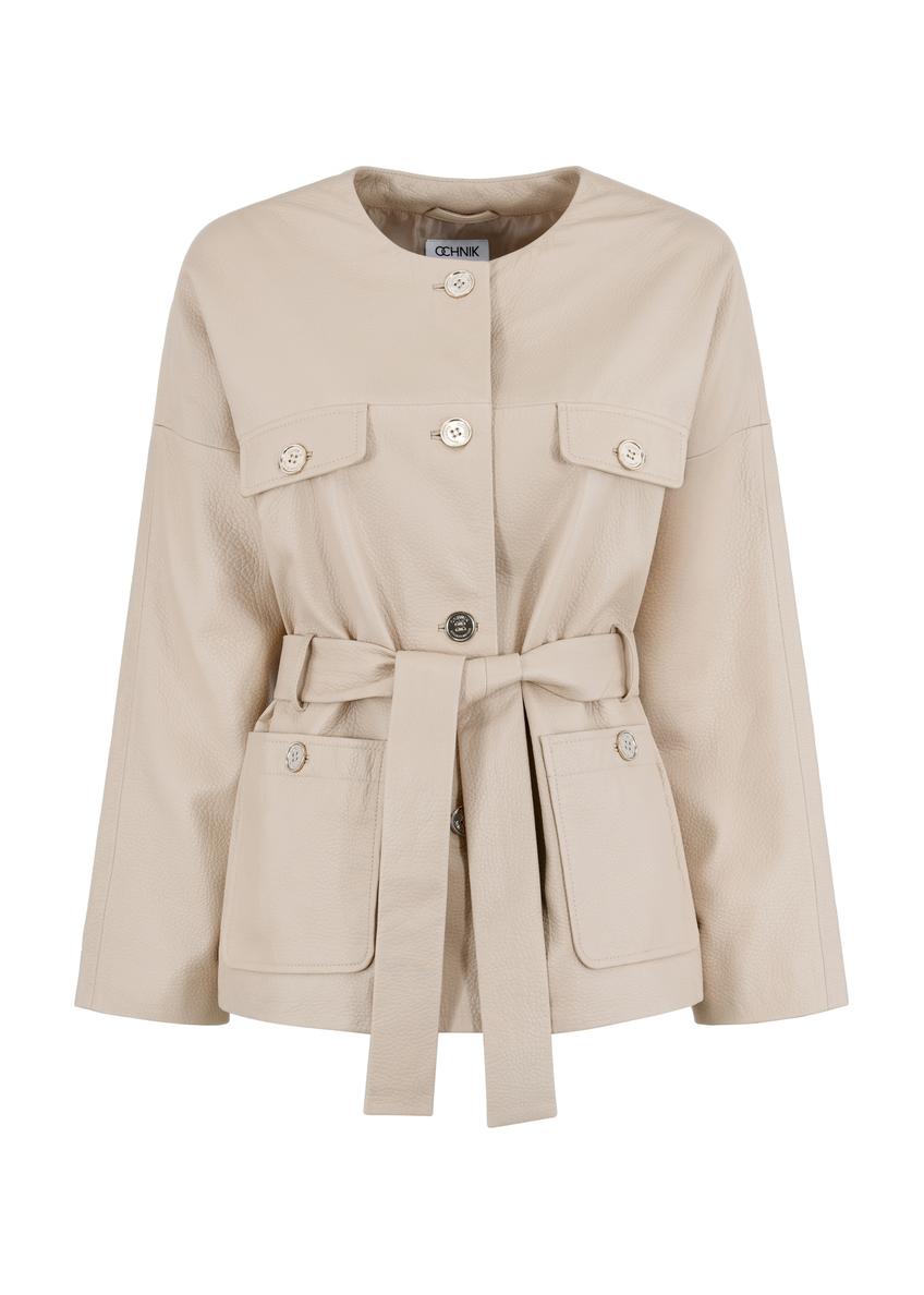 Beżowa kurtka damska wiosenna skórzana KURDS-0467-1191(W24)-03