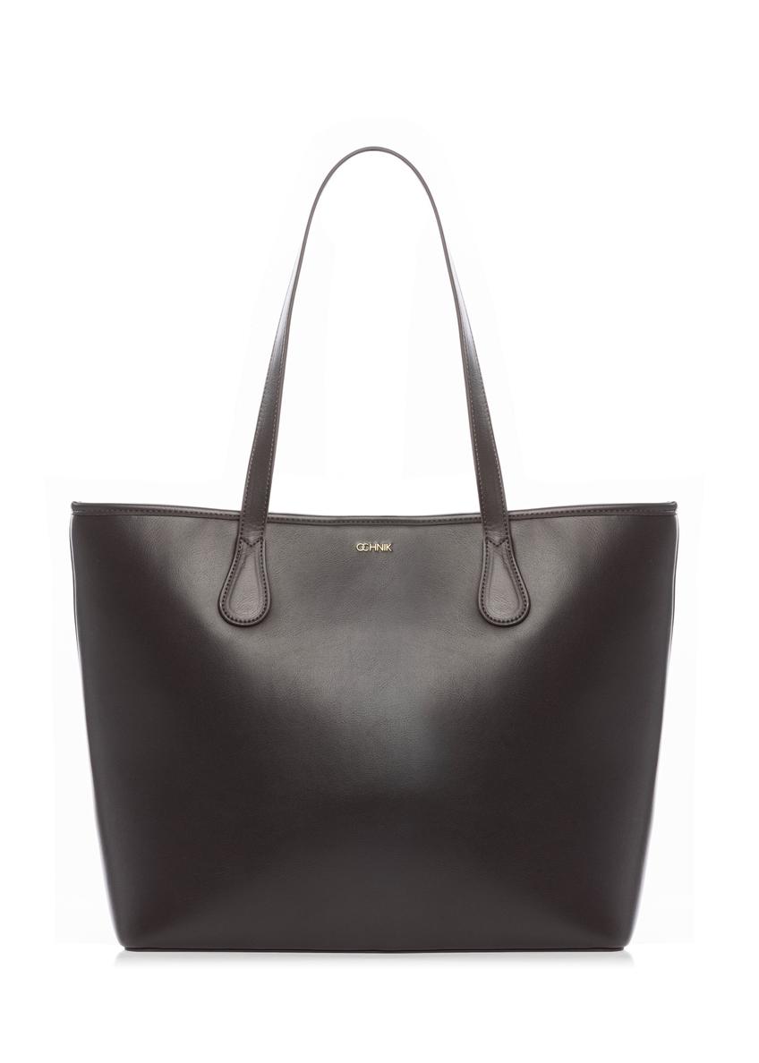 Brązowa damska torebka shopper TOREC-1235-1H(W26),  widok produktu z przodu na białym tle.