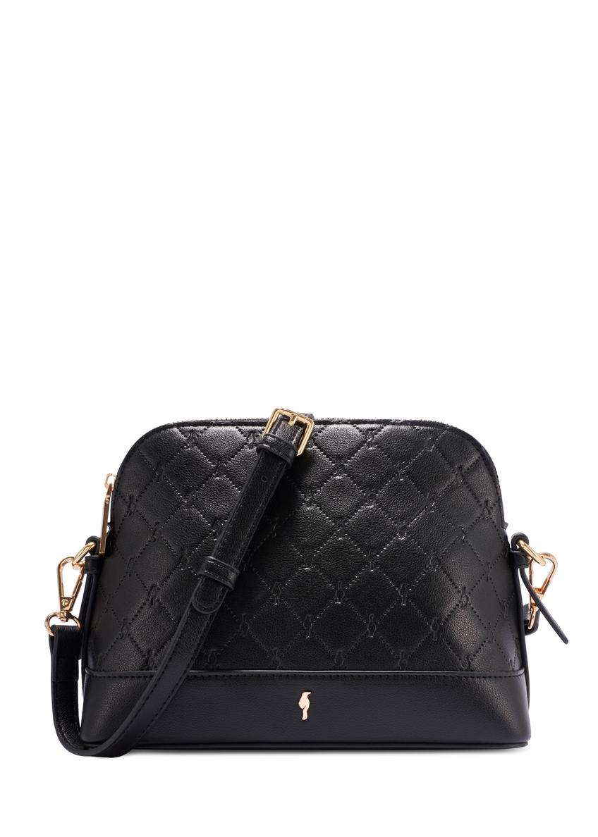 Czarna torebka damska z monogramem TOREC-1180-9P(W26), widok produktu z przodu na białym tle.