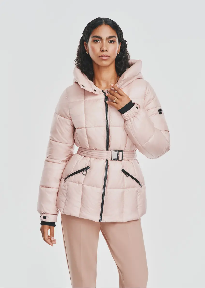 Pink women's quilted jacket with belt KURDT-0539-34(Z24)-02