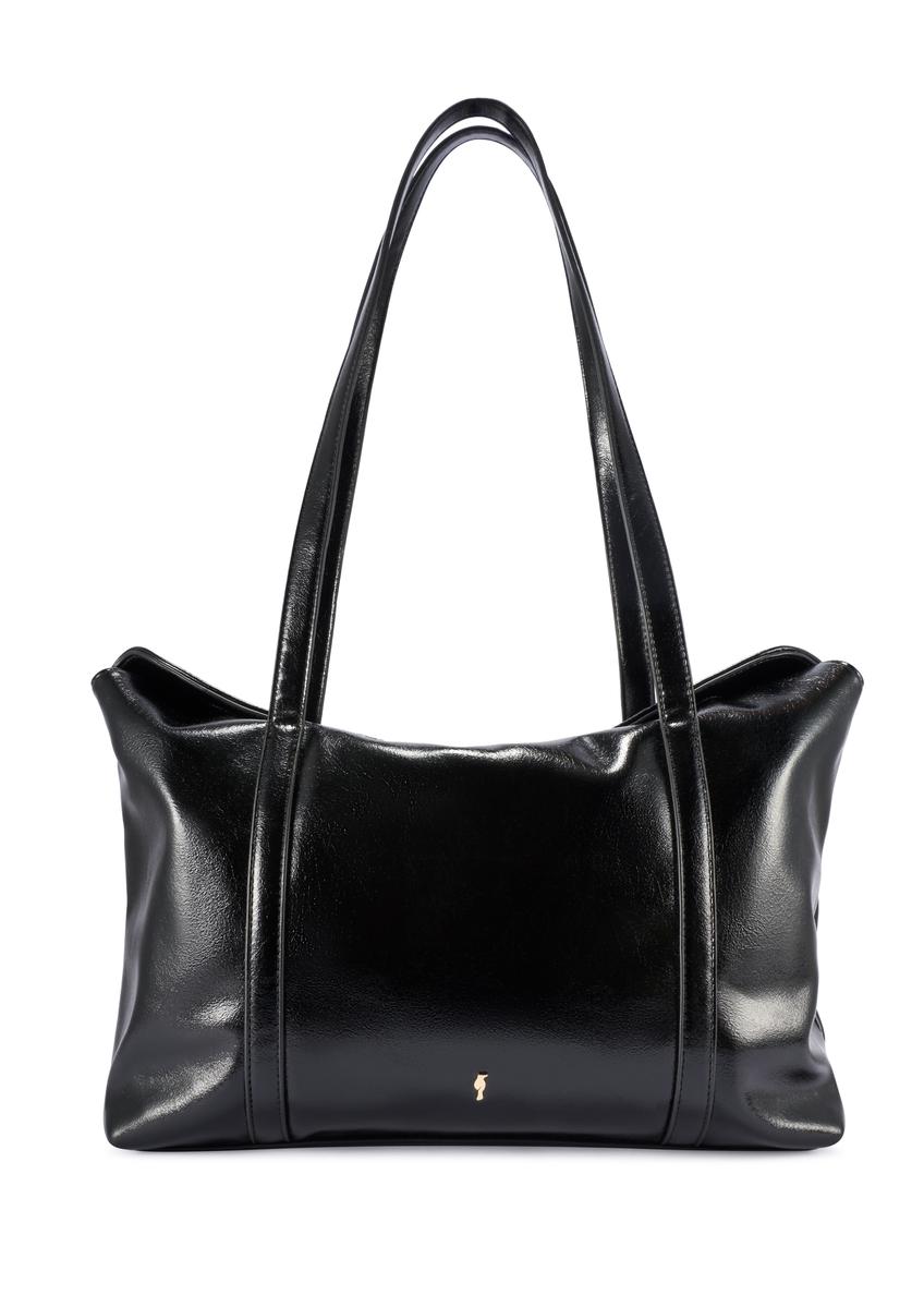 Czarna torebka shopper damska TOREC-1206-9F(W26) - widok produktu z przodu, na białym tle. 