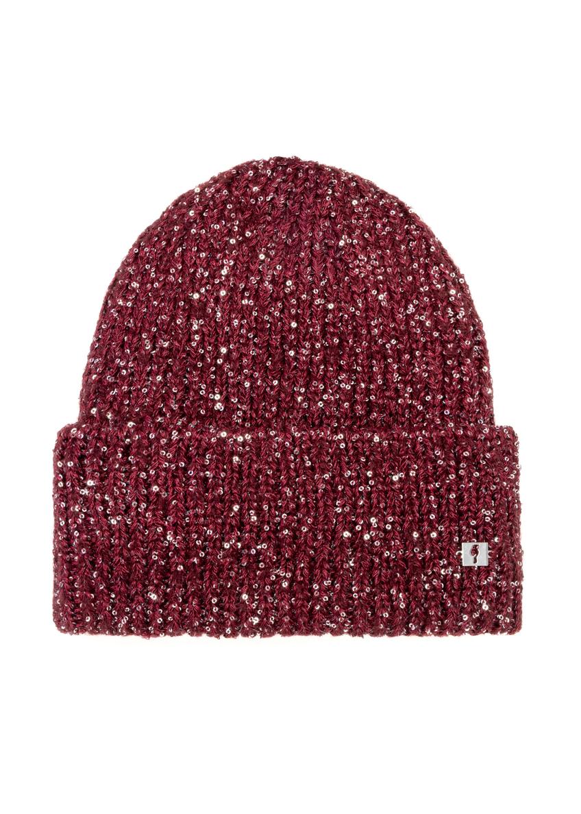 Bordowa czapka damska z cekinami CZADT-0211-49(Z25), widok produktu z przodu na białym tle.