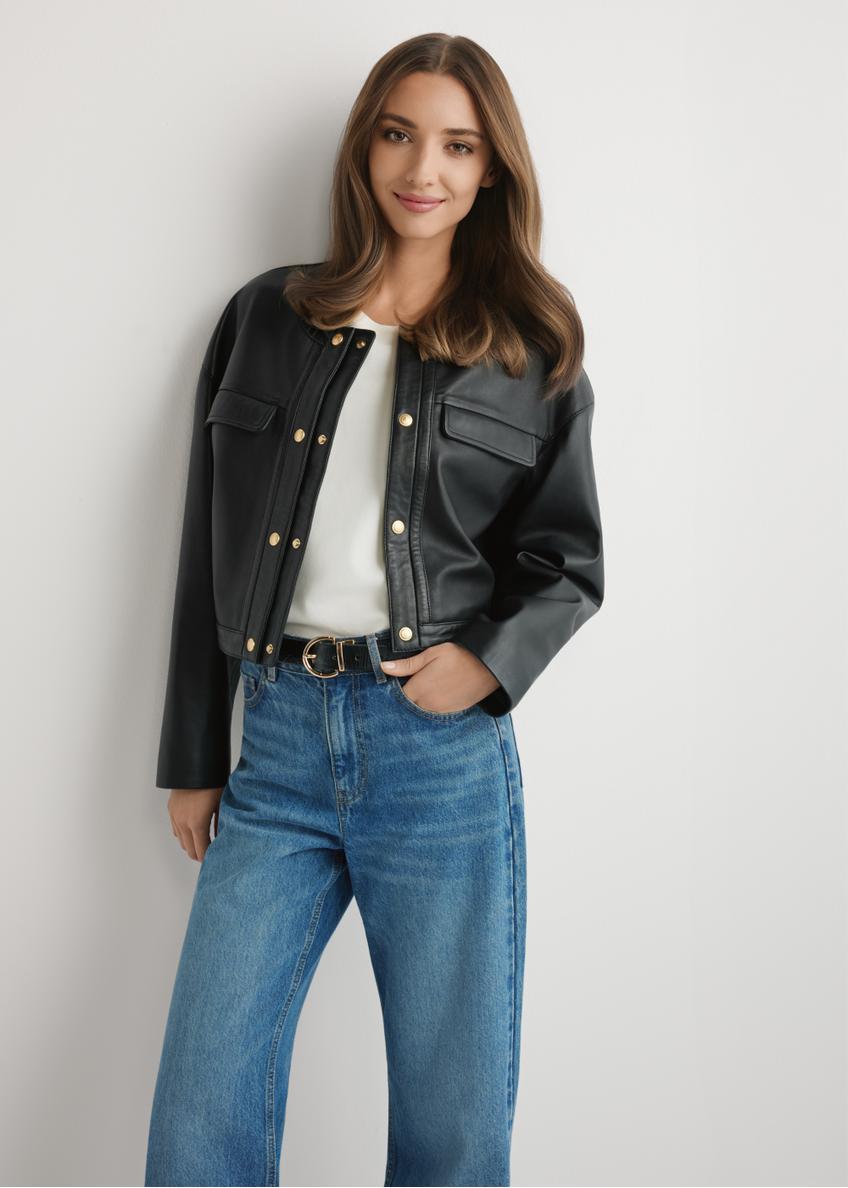 Krótka czarna kurtka skórzana damska KURDS-0597-99(W26), widok produktu z przodu na modelce. Widoczna połowa sylwetki.