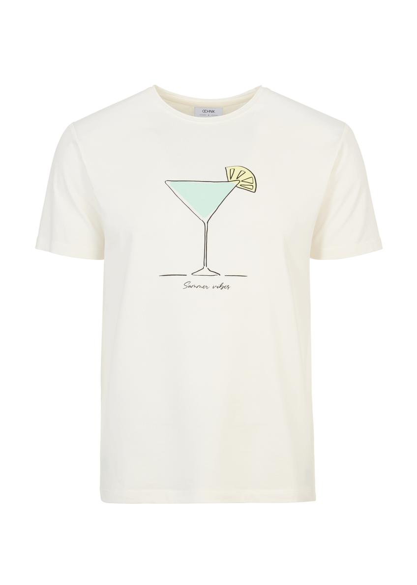 Kremowy T-shirt męski z printem TSHMT-0086-11(W23)-04