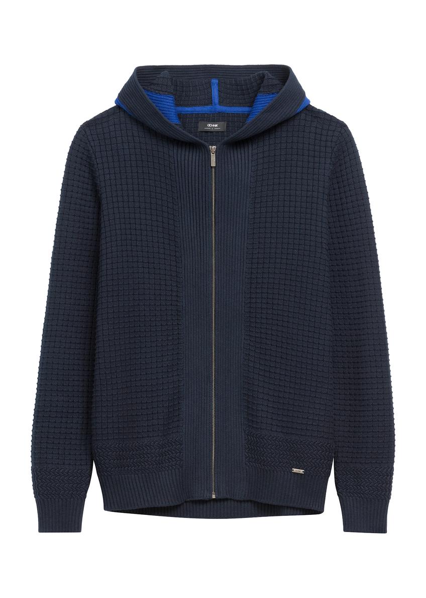 Granatowy sweter męski z kapturem SWEMT-0182-68(Z25), widok produktu od przodu na białym tle.