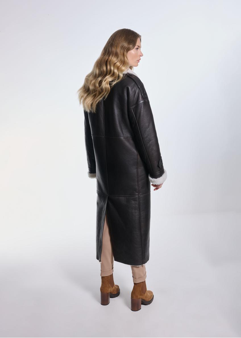 Brown leather long women's sheepskin coat KOZDS-0080-3177(Z24)