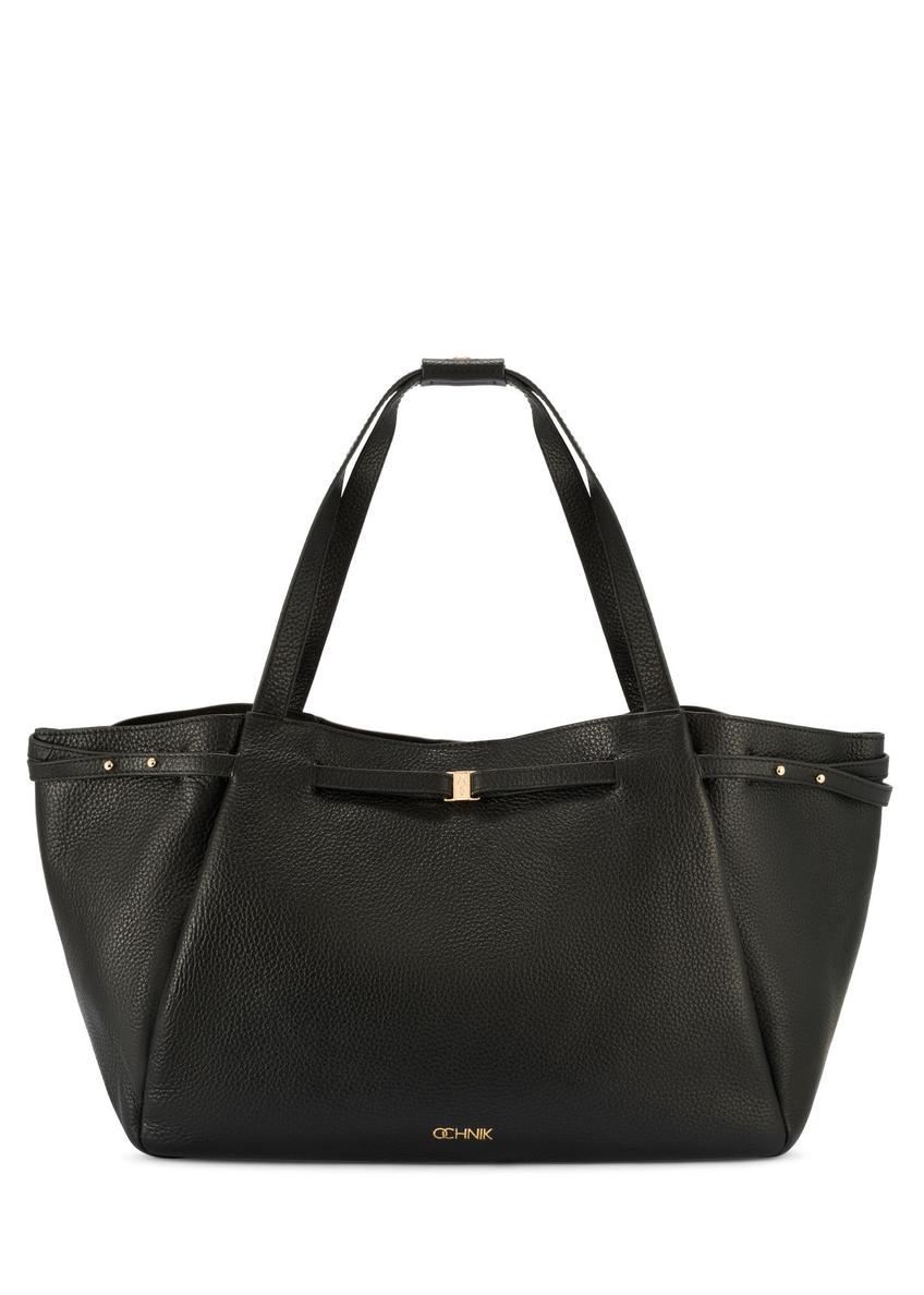 Skórzana torebka shopper w kolorze czarnym TORES-1207-9I(W26) - widok produktu z przodu, na białym tle. 