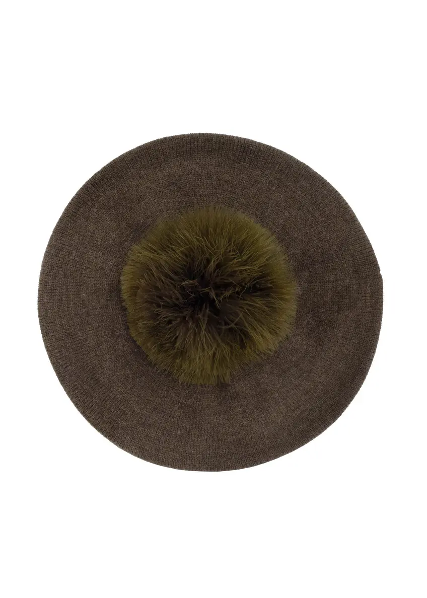 Women's beret with pompom in khaki CZADT-0180-54(Z24)