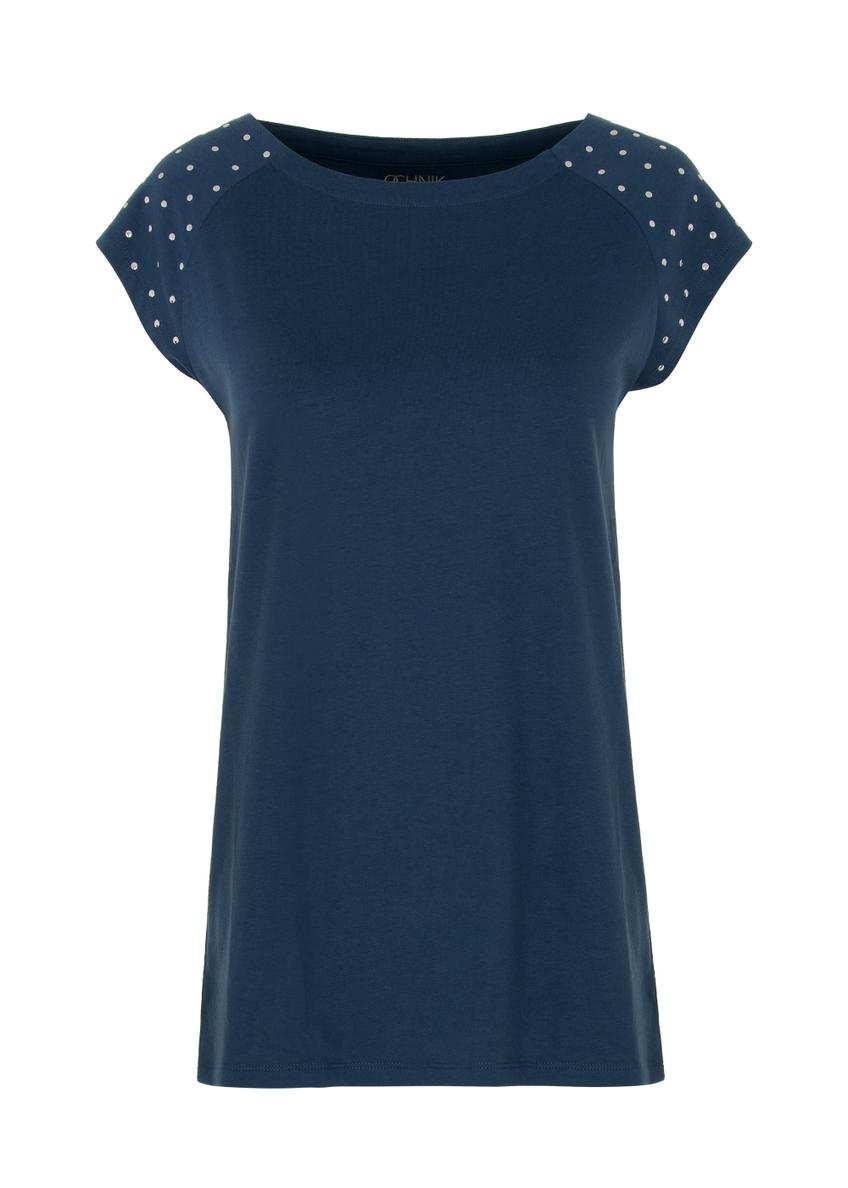 Granatowy T-shirt damski z aplikacją TSHDT-0096-69(W22)-02