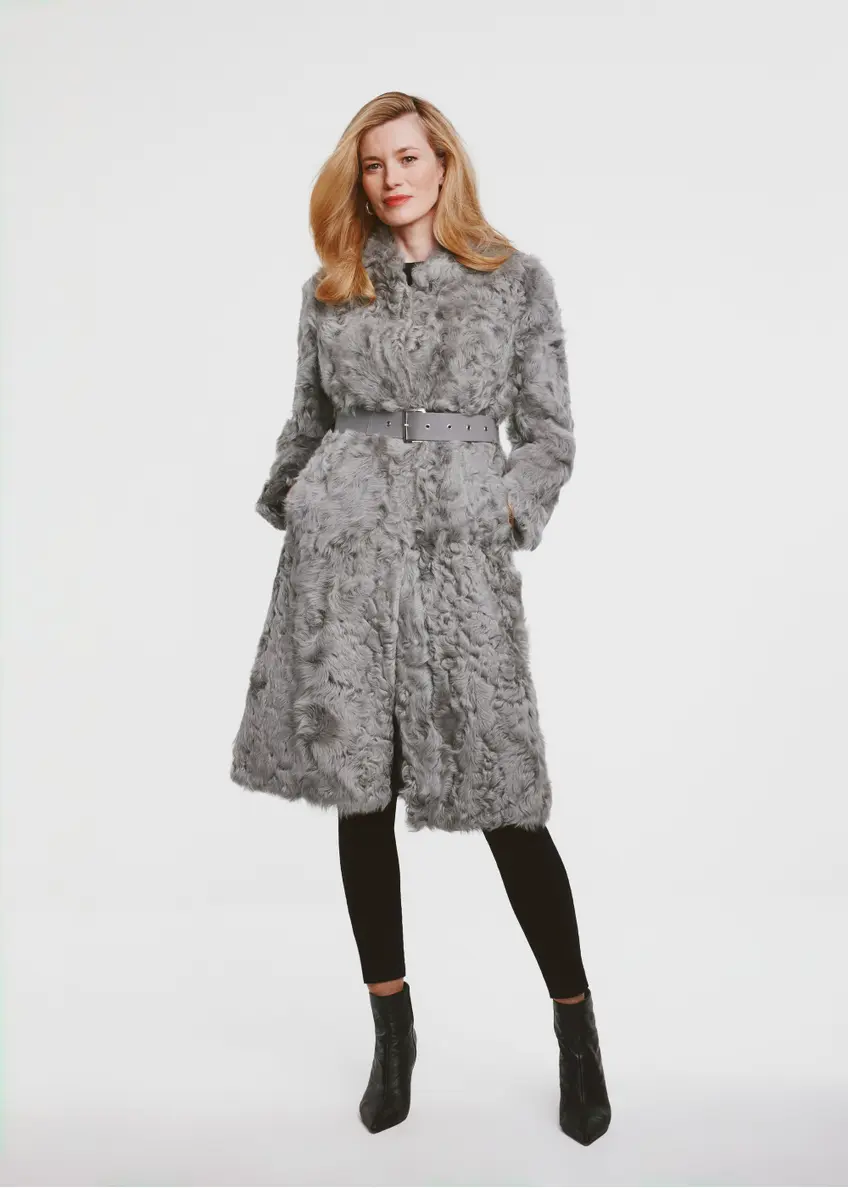 Gray long women's fur coat with belt FUTDF-0106-1671(Z24)-01