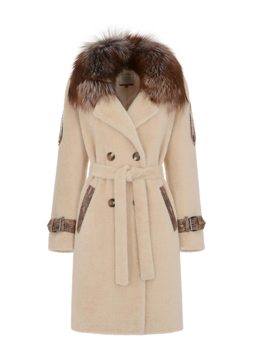 Kremowy kożuch damski z paskiem KOZDP-0007-12(Z23)-04