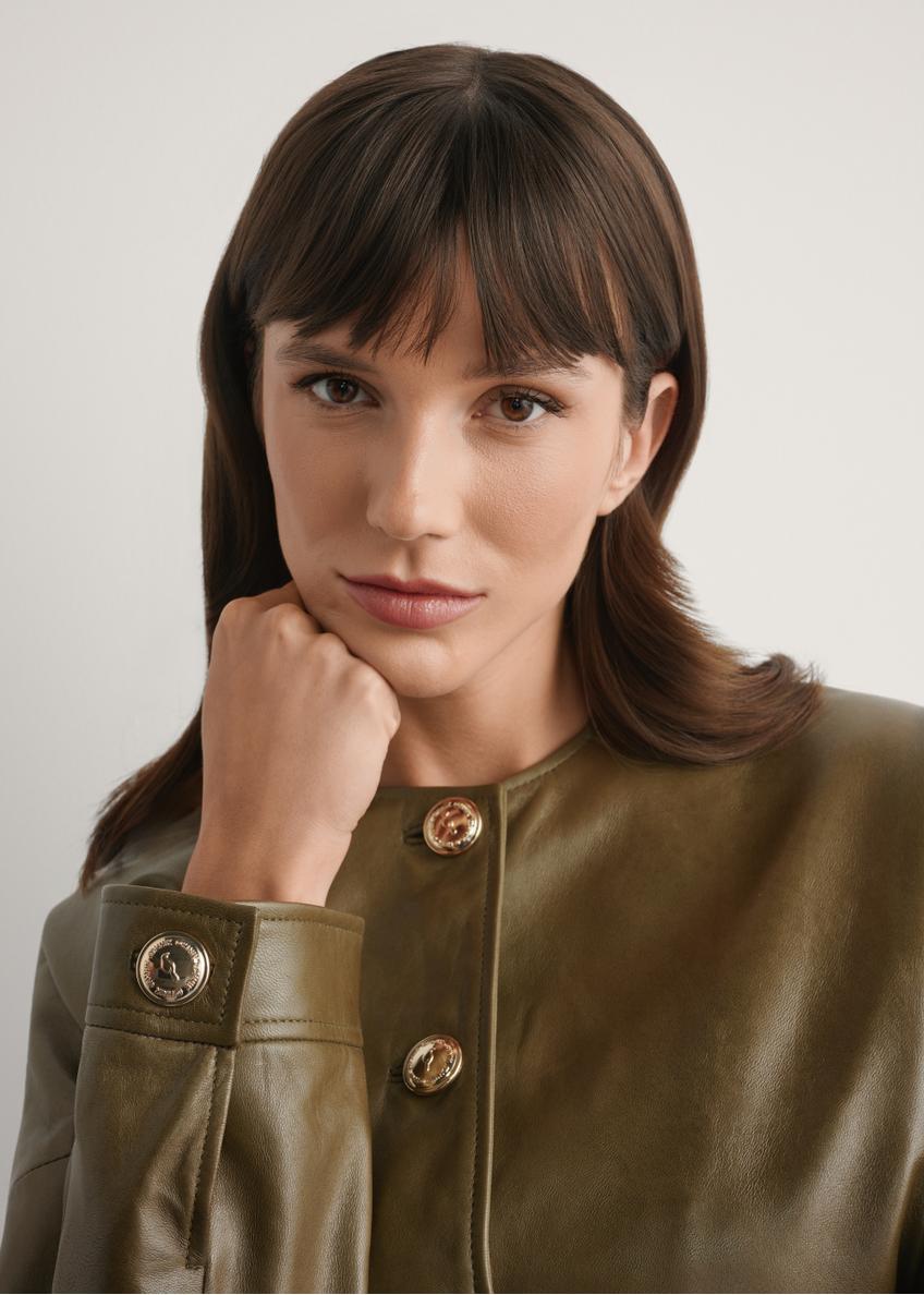 Krótka skórzana kurtka damska khaki KURDS-0590-8D(W26)