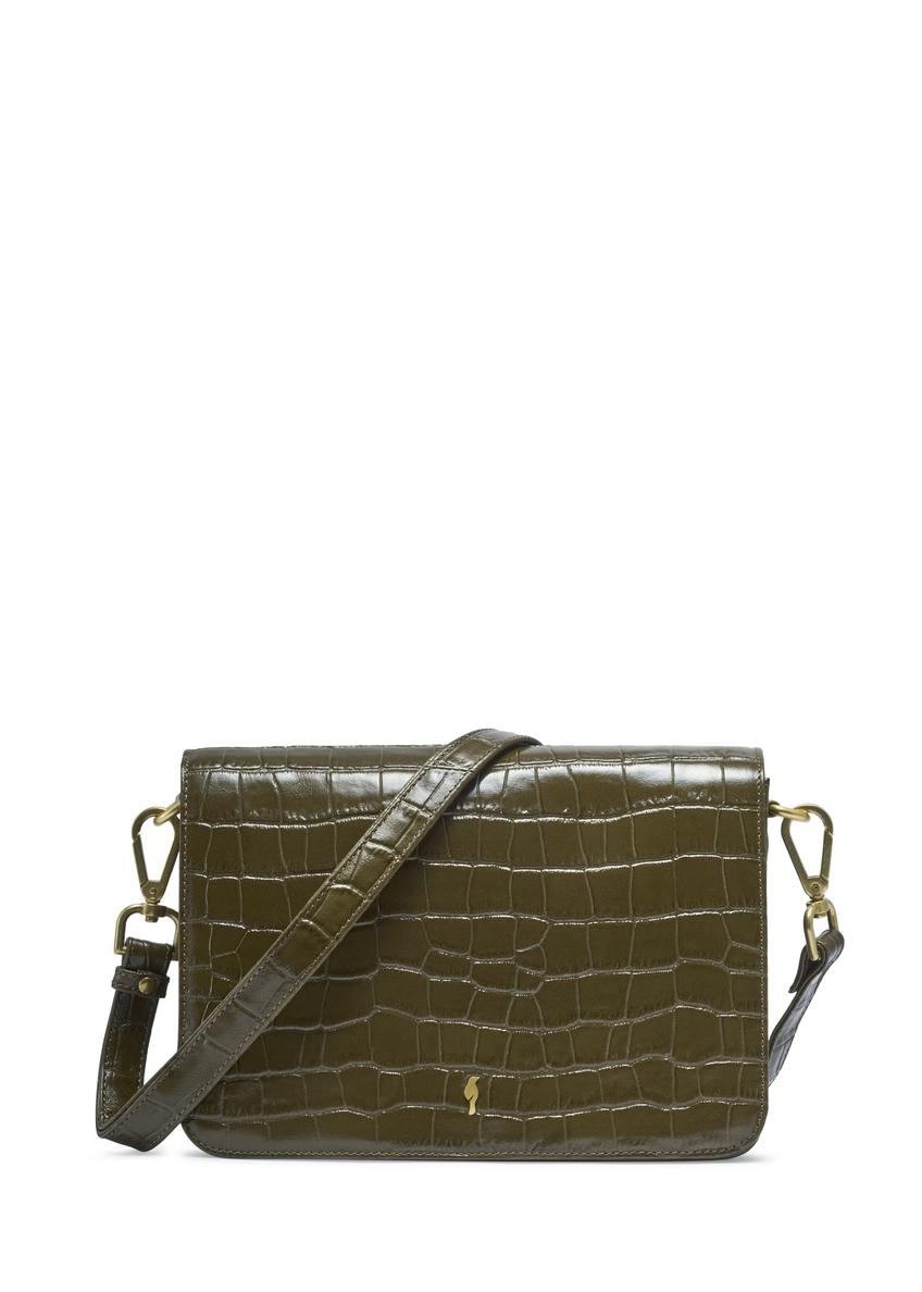 Skórzana torebka damska croco w kolorze khaki TORES-1324-8D(Z26) - widok produktu z przodu, na białym tle. 