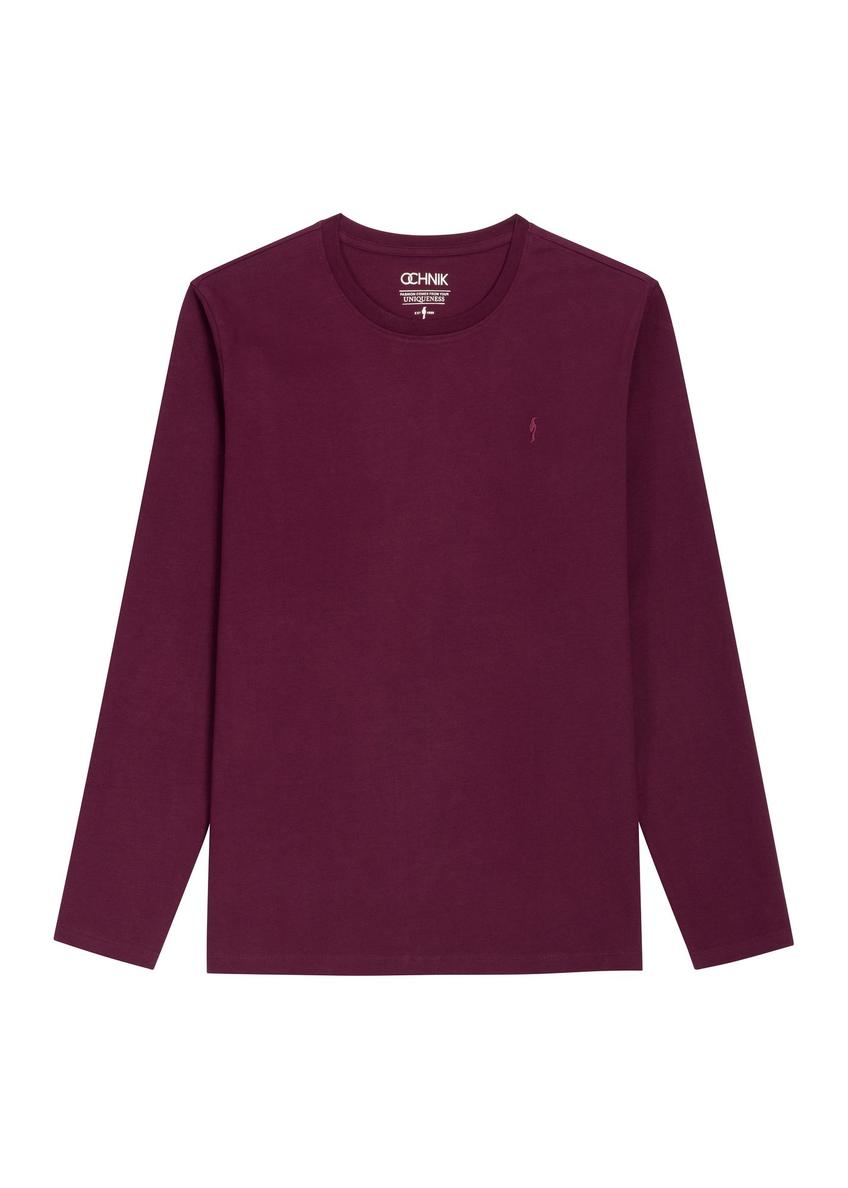 Bordowy bawełniany longsleeve męski LSLMT-0013-4D(Z26) - widok produktu z przodu, na białym tle. 