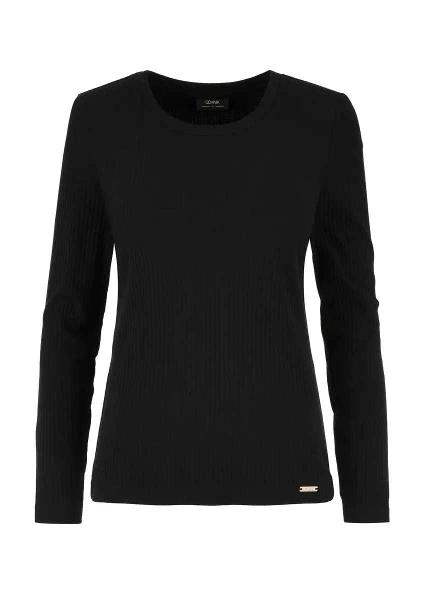 Czarna prążkowana bluzka longsleeve damska LSLDT-0043-99(W24)-03