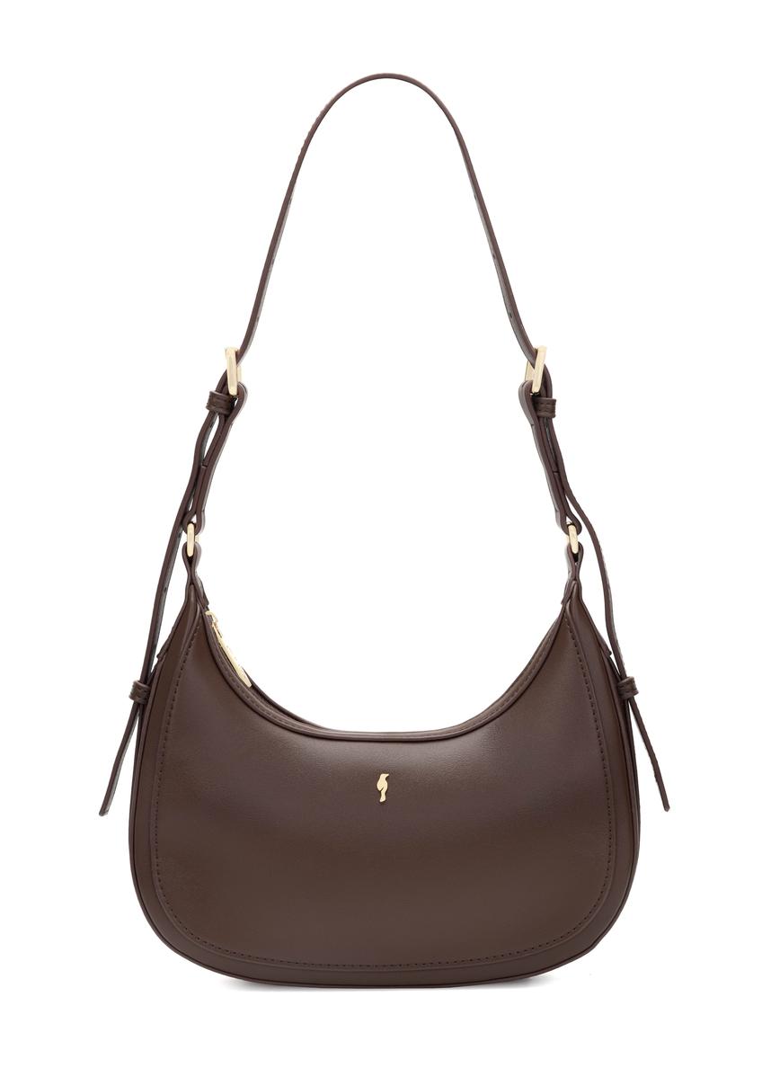 Brązowa mała torebka hobo TOREC-1136-1H(W26) - widok produktu z przodu, na białym tle. 