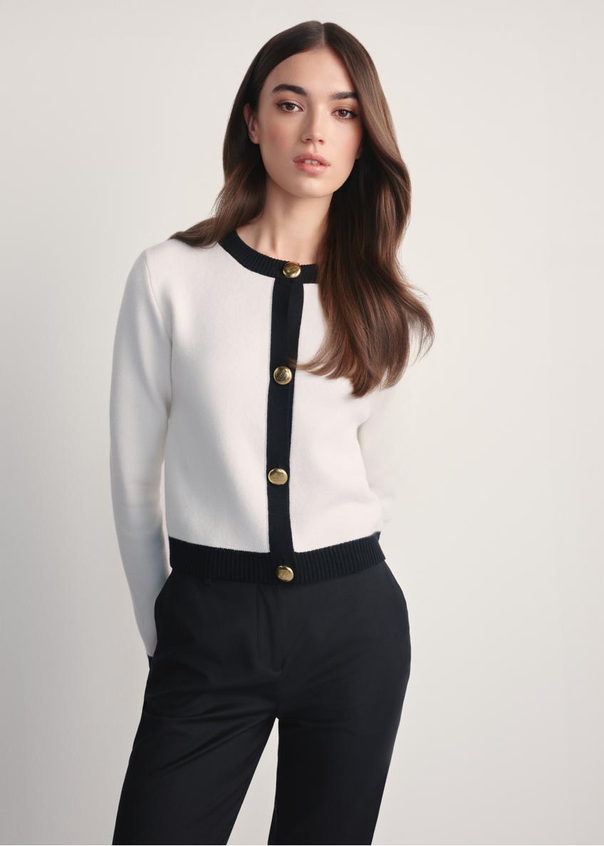 Biały kardigan damski KARDT-0053-12(Z25), widok produktu z przodu na modelce. Widoczna połowa sylwetki. 