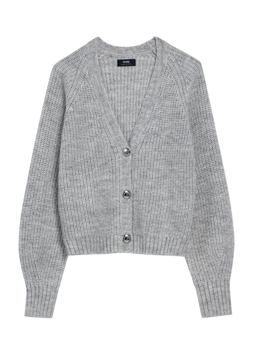 Szary kardigan oversized damski KARDT-0036-66(Z25), widok produktu od przodu na białym tle.