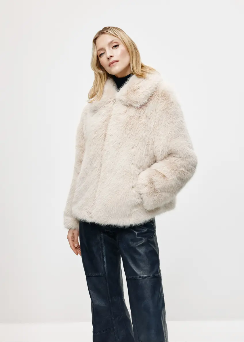 Beige short women's fur coat FUTDP-0056-81(Z24)