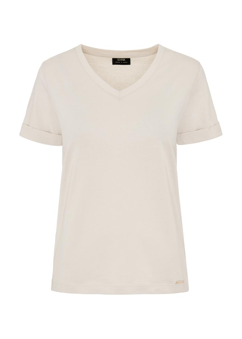 Beżowy T-shirt damski w serek TSHDT-0118-81(W24)-03