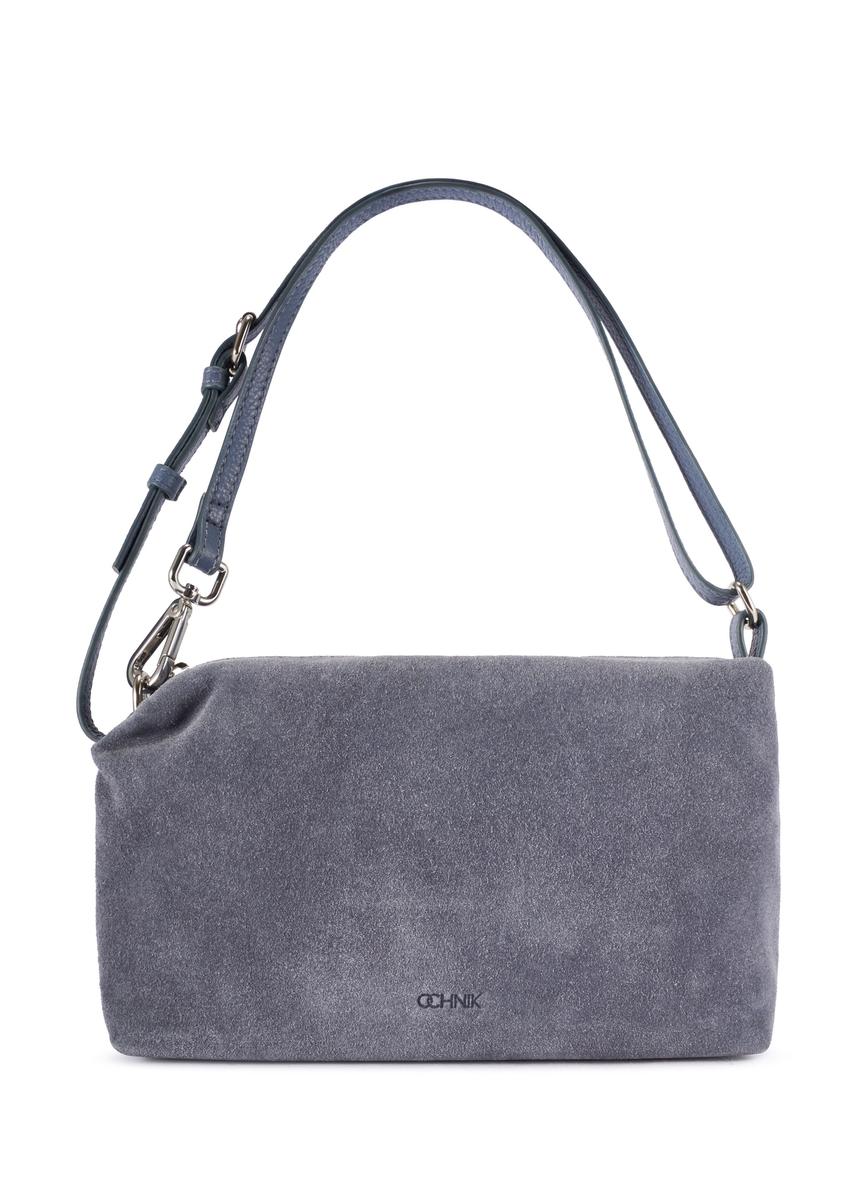 Granatowa zamszowa torebka damska TORES-1249-7C(W26) - widok produktu z przodu, na białym tle. 