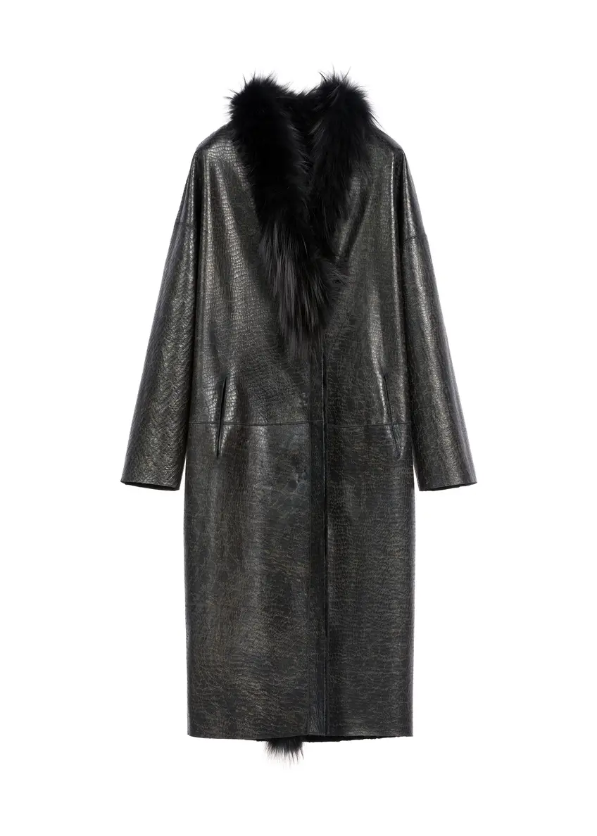 Czarny skórzany dwustronny kożuch damski KOZDS-0093-1396(Z25)