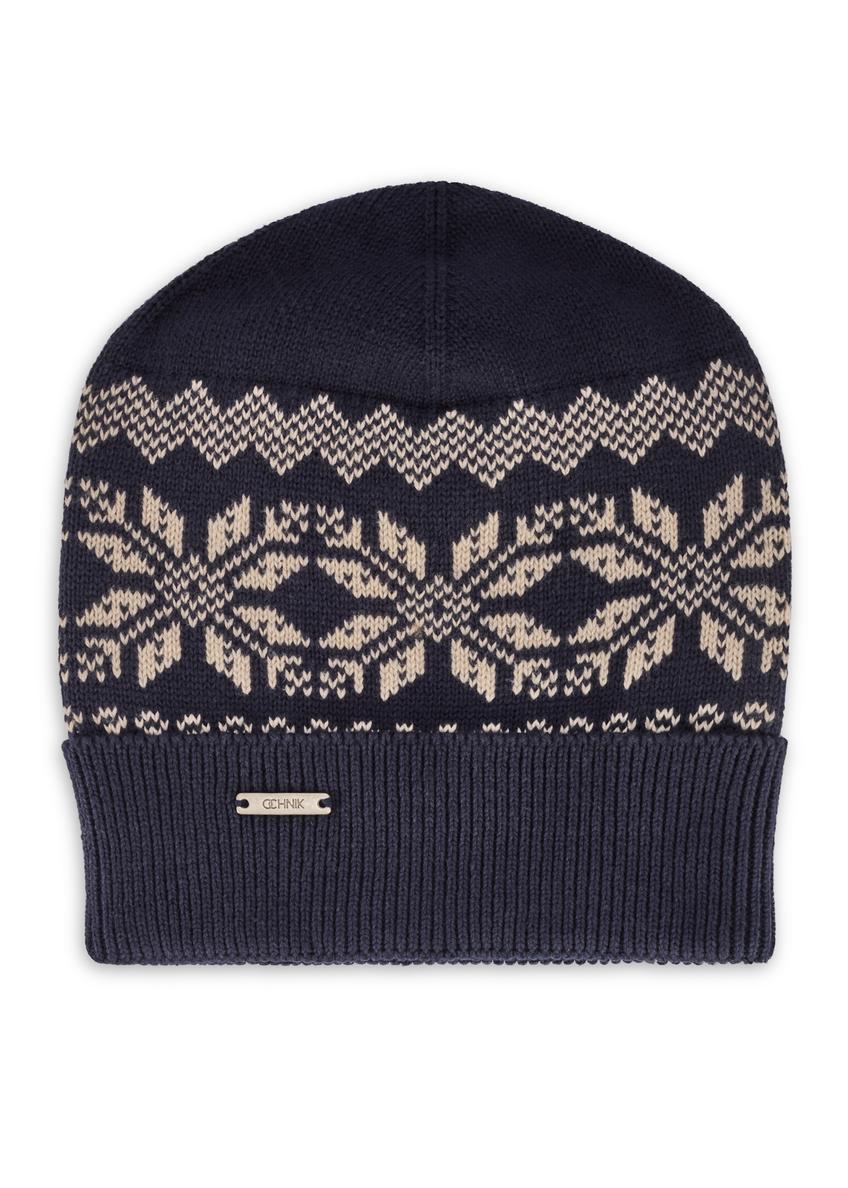 Granatowa bawełniana czapka męska CZAMT-0090-69(Z25), widok produktu od przodu na białym tle.