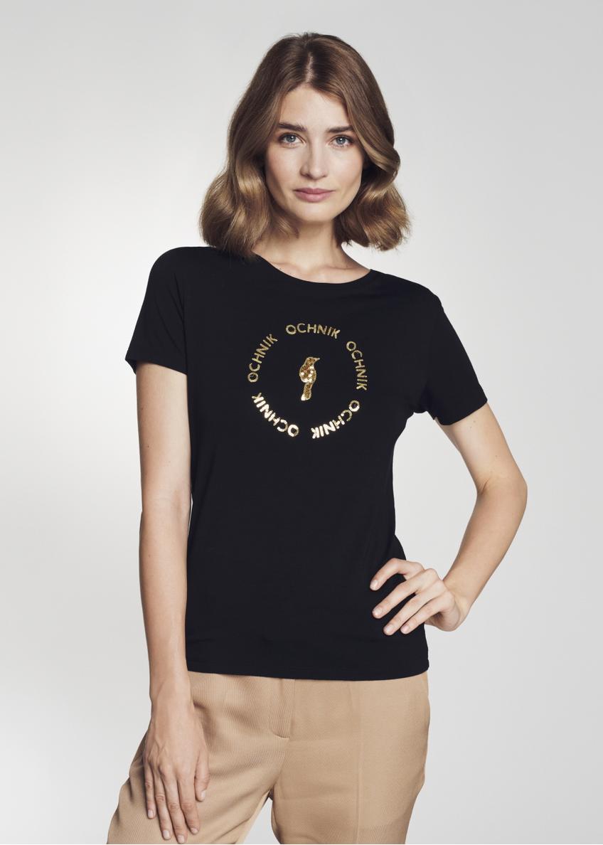 Czarny T-shirt damski z aplikacją TSHDT-0071-99(Z22)