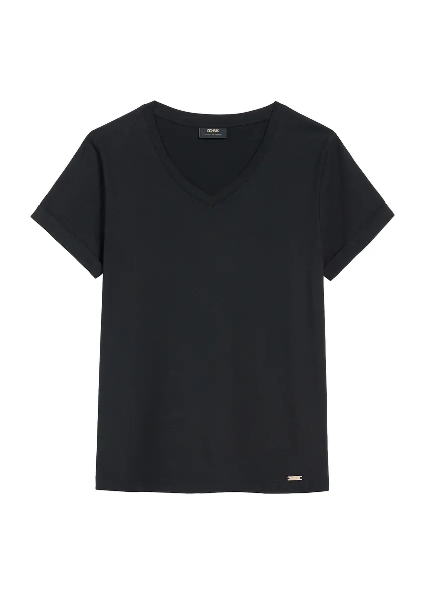 Czarny T-shirt damski w serek TSHDT-0118A-99(Z25), widok produktu z przodu na białym tle.