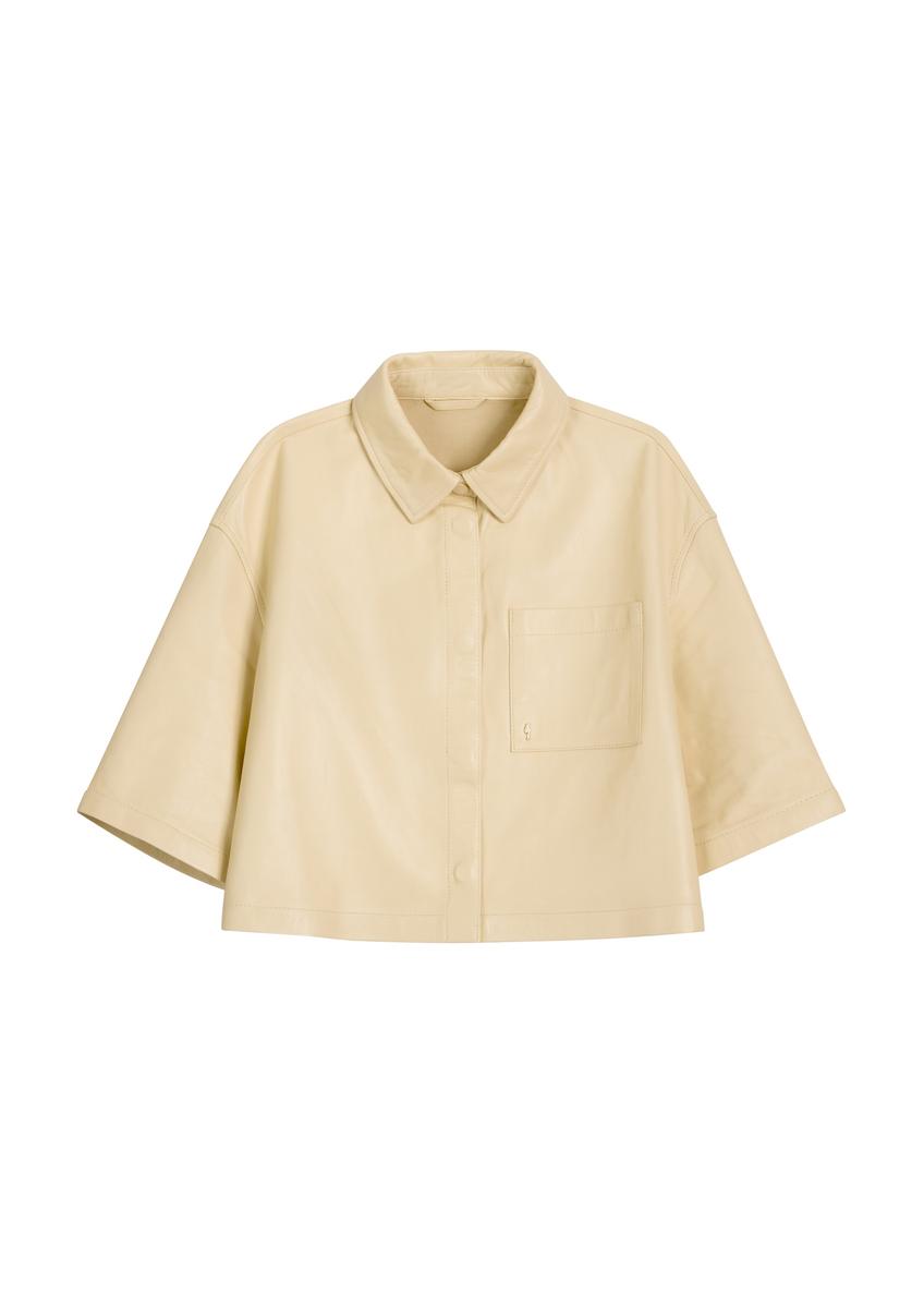 Krótka jasnożółta skórzana koszula damska KOSDS-0005-2A(W26) - widok produktu z przodu, na białym tle.