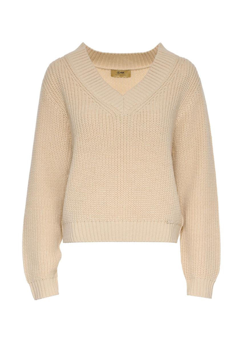 Beżowy sweter dekolt V damski  SWEDT-0162-82(Z24)-04