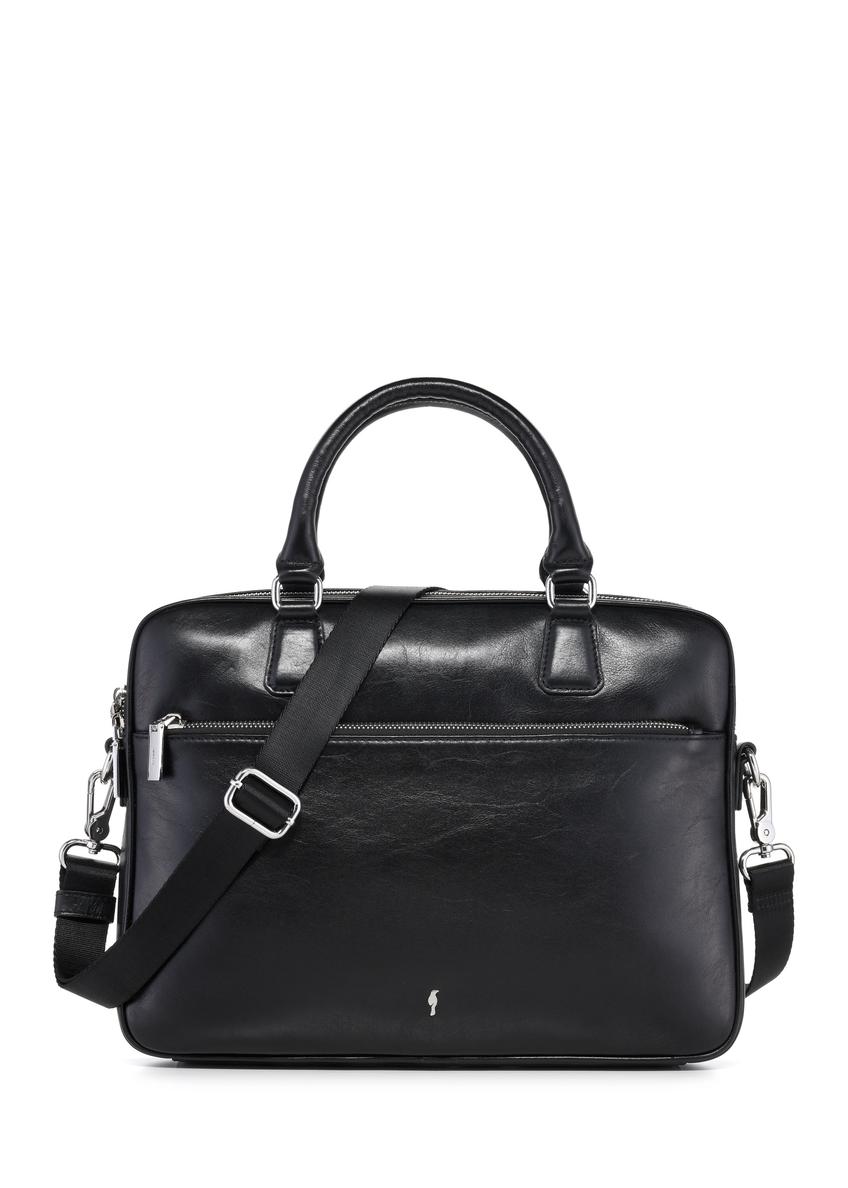 Czarna skórzana torba na laptopa TORES-1227-99(W26), widok produktu z przodu na białym tle.