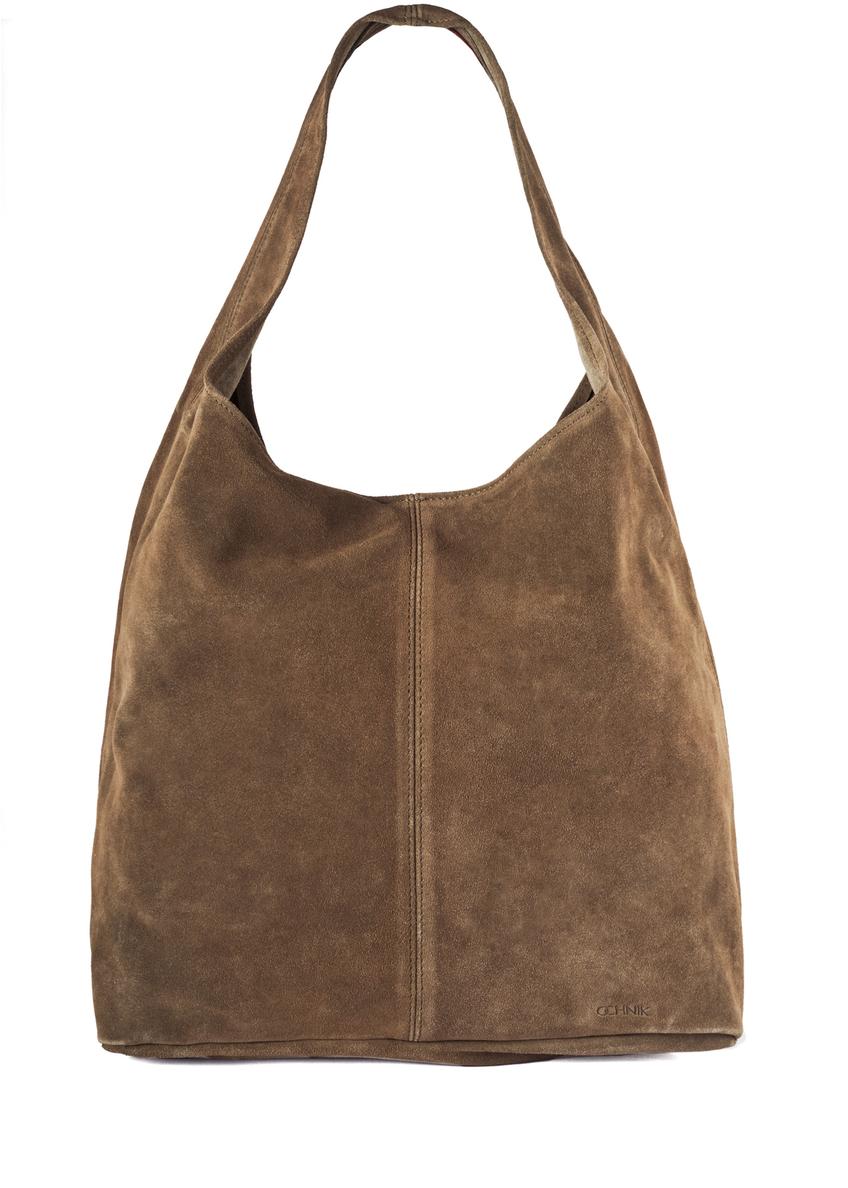 Zamszowa shopperka damska khaki TORES-1177-57(Z25), widok produktu z przodu na białym tle. 