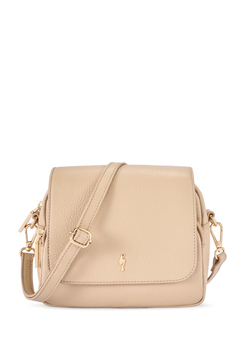 Beżowa skórzana torebka listonoszka damska TORES-0958E-1B(W26) - widok produktu z przodu, na białym tle.