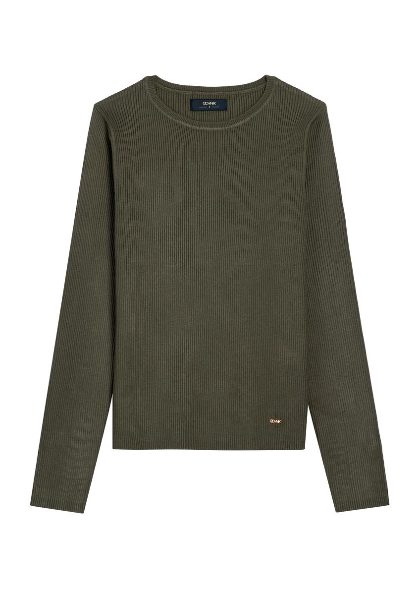 Prążkowany longsleeve damski LSLDT-0028-51(Z25), widok produktu przodem na białym tle.